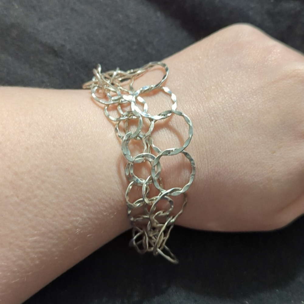 Silver Tone Hammered Open Link Layered Statement Bracelet